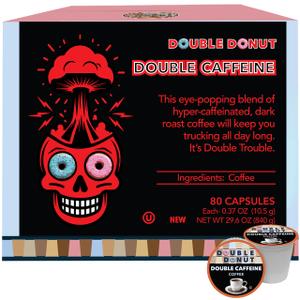 Double Donut Coffee High Caffeine Coffee Pods, Extra Strong Double Caffeine Coffee Cups for Keurig K Cup Brewer Machines Single Serve Dark Roast Coffee, 80 Count (EXP 08/18/26)