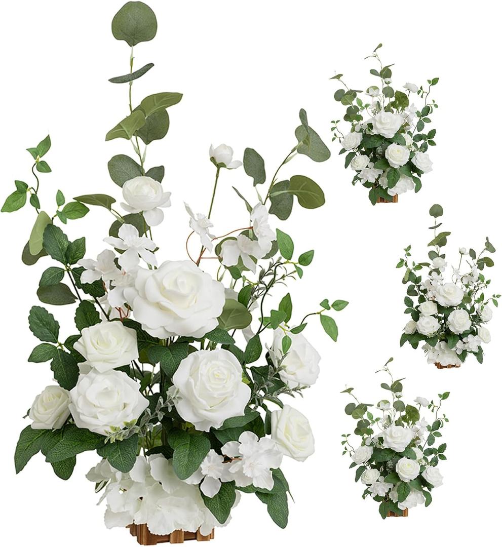 Ling's moment 17.5" Tall Standing Artificial Flowers Arrangements 4 pcs Wedding Aisle Runner Chair Decorations White Sage Centerpieces for Ceremony Reception Rose Floral Party Outdoor Decor
