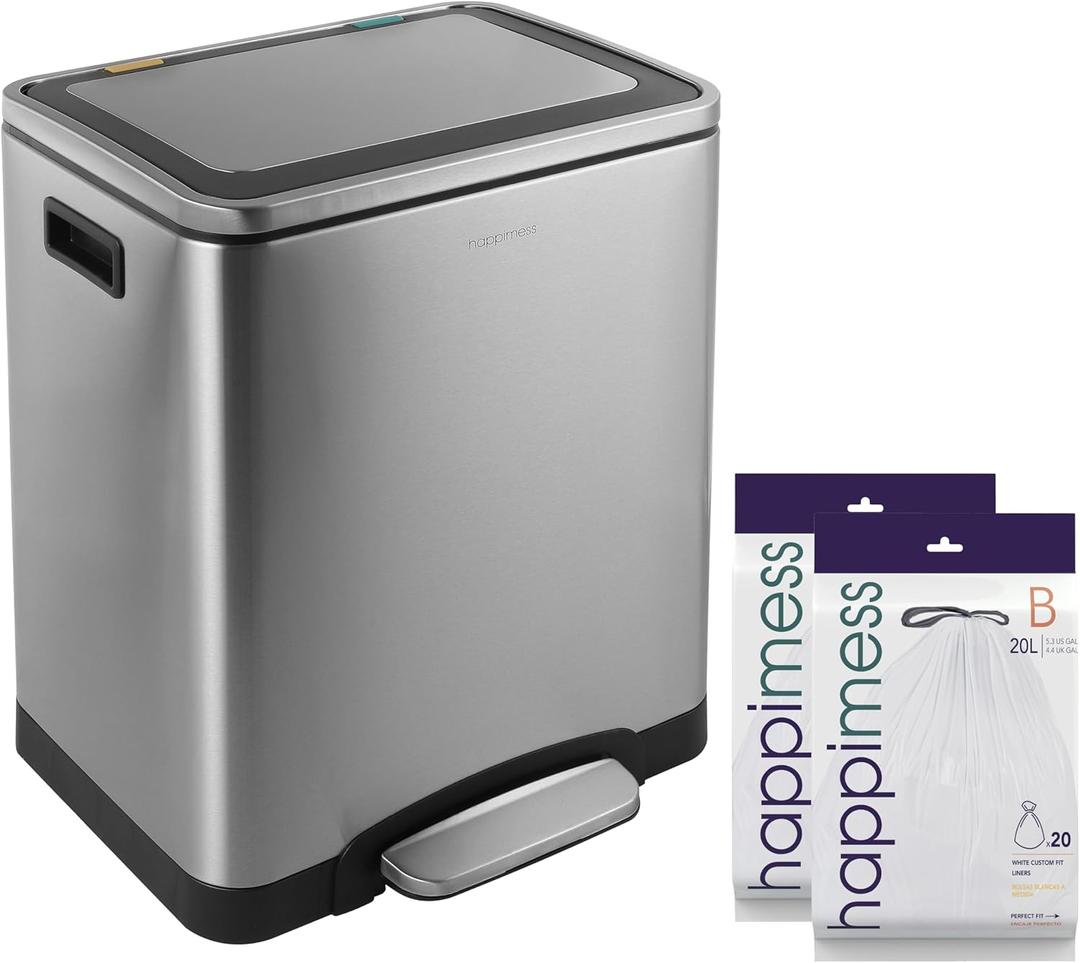 happimess HPM1004A Elmo Rectangular 8-Gallon Double  Can with Soft-Close Lid, Modern, Minimalistic, Fingerprint Proof for Home, Kitchen, Laundry Room, Office, Stainless Steel (7.9 gallon)