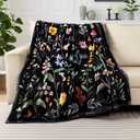 Spring Flowers Throw Blanket Black Vintage Floral Blankets Soft Cozy Flannel Fleece Plants Butterfly Print Bed Blankets for Bedding Sofa and Travel Camping 50" 60"