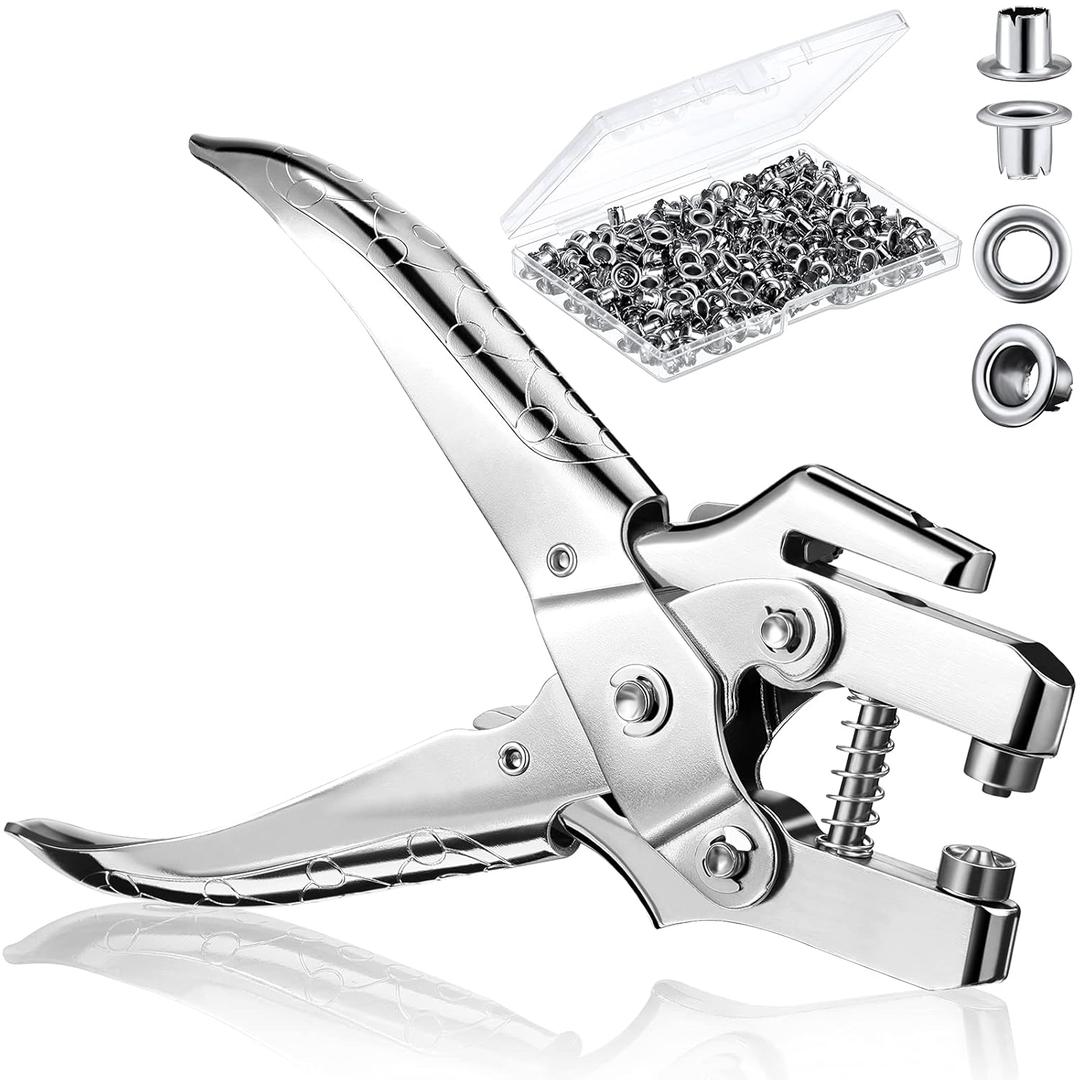 Grommet Eyelet Pliers 3/16 Inch Hole Punch Pliers with 200 Piece Hollow Metal Eyelets Easy Press Portable Handheld Setting Tools for Card Paper Canvas, Silver