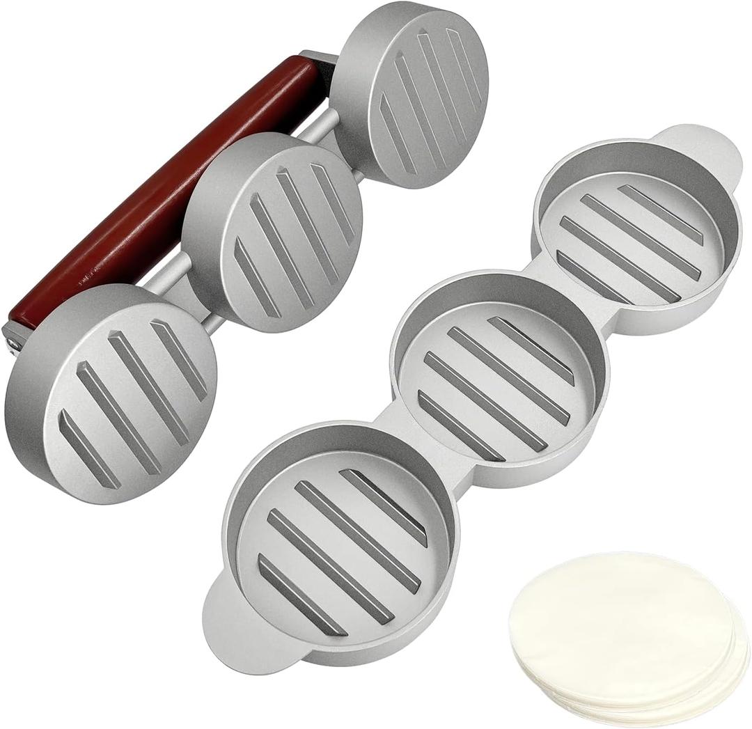 Burger Press Patty Maker Set with 100 Non-Stick Papers - 3x2.5 Inch Mold for Making Three Mini Patties at Once - Perfect for Sliders, BBQ, Picnic, Camping - Easy to Use & Clean