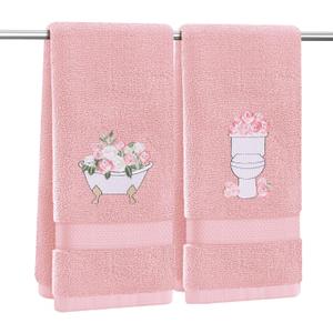2 Pcs Pink Rose Hand Towels for Bathroom Decorative Rose Flower Bathroom Towels Embroidered 100% Cotton Spring Floral Hand Towels 13.4x29 Inch for Guest Room Valentine Gift (Pink,Rose)