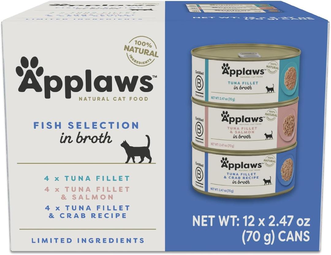 Applaws Natural Wet Canned Cat Food, Limited and Natural Ingredients, High Protein with No Artificial Additives, Fish Selection Variety Pack in Broth (12 x 2.47oz Cans), BB Date 06/18/2028