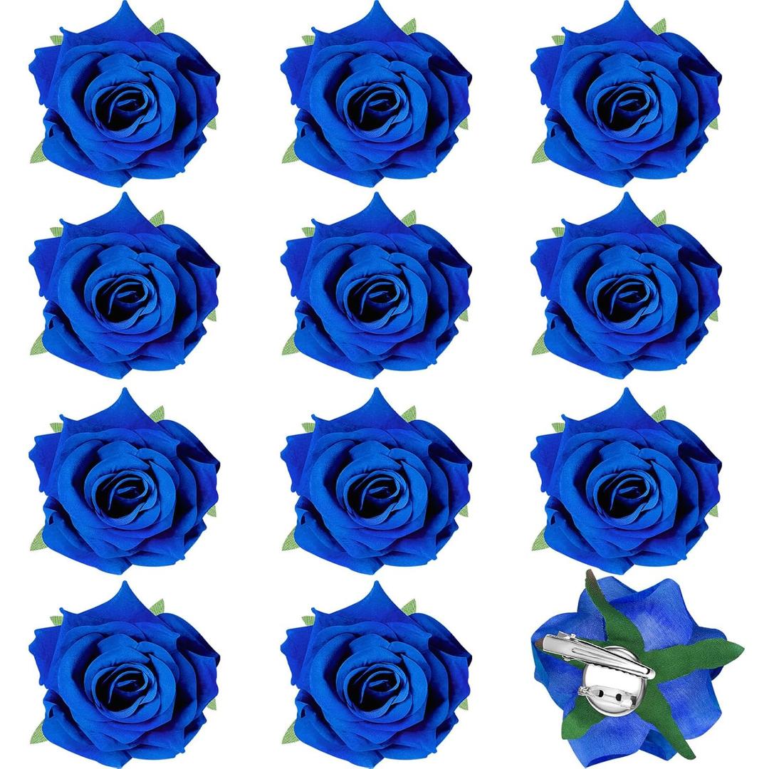 Yilloog 12 Pack Rose Hair Clip Flower 2.8'' Hairpin Floral Brooch Floral Hairclips Mexican Flowers Hairpin Party Supplies for Women Rose Hair Accessories Wedding Pack(Royal Blue)
