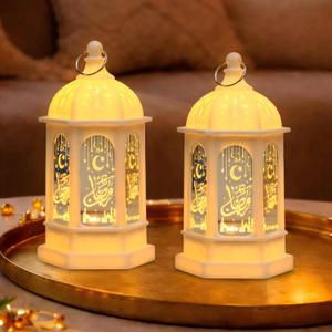 LED Ramadan Lanterns Decorations, Eid Decorations for Home and Table, Small Ramadan Lights with Hanging Rings, Moon & Star Eid Decor, Islamic Home Decor & Muslim Eid Gift (2 Pack) (White)