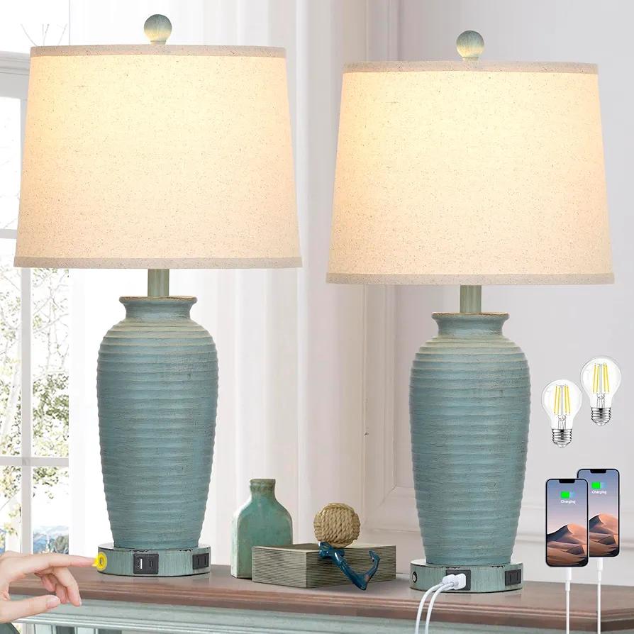  Farmhouse Jar Table Lamps 3 Way Touch Control Rustic Bedside Lamps with USB A/C Ports & AC Outlet, Pot Nightstand Lamps for Bedroom Living Room  (1 PCs)