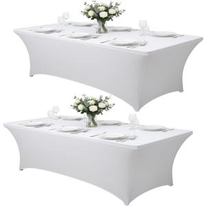 2 Pack 8FT Rectangular Spandex Tablecloth,Wrinkle Resistant Fitted Cover for 96x30 inch Banquet Table Cloth, Washable Stretch Fabric for Party, Events, Wedding, Vendor - White