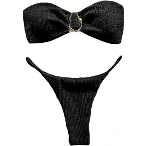 SHENHE Women's Strapless Brazilian Thong Bikini Set Metal Ring 2 Piece Bandeau Tube Swimsuits (Black), S