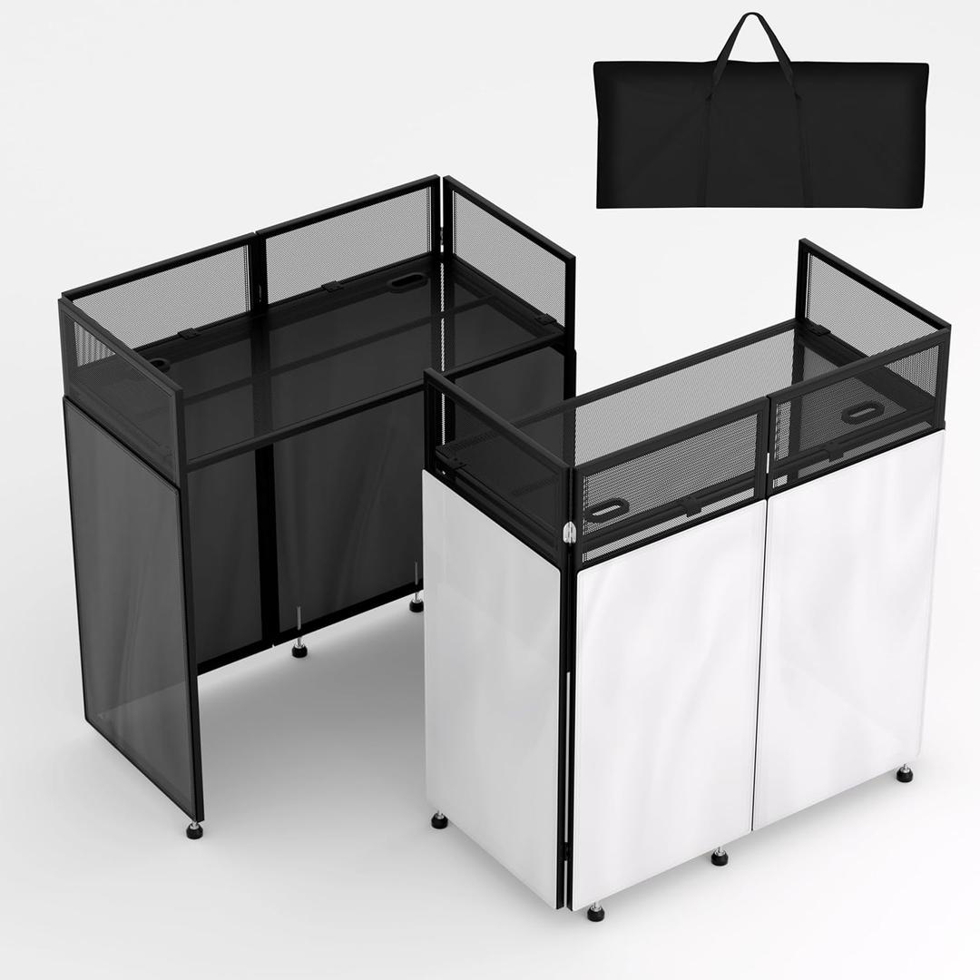 LUCKUP Portable DJ Booth 41"L x 20"W DJ Facade with White & Black Scrim, Foldable DJ Table Station with Adjustable Feet for Party, Black Metal Frame, 41.3"Lx19.7"W