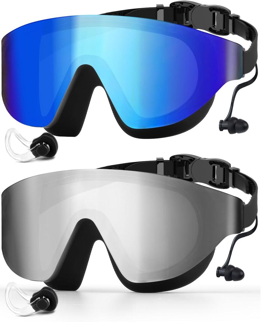 Zoomsnail Swim Goggles 2 Pack, Rimless Wide View Swimming Goggles for Adult, Anti-Fog UV Leaking Pool Goggles for Men Women (Blue & Silver)