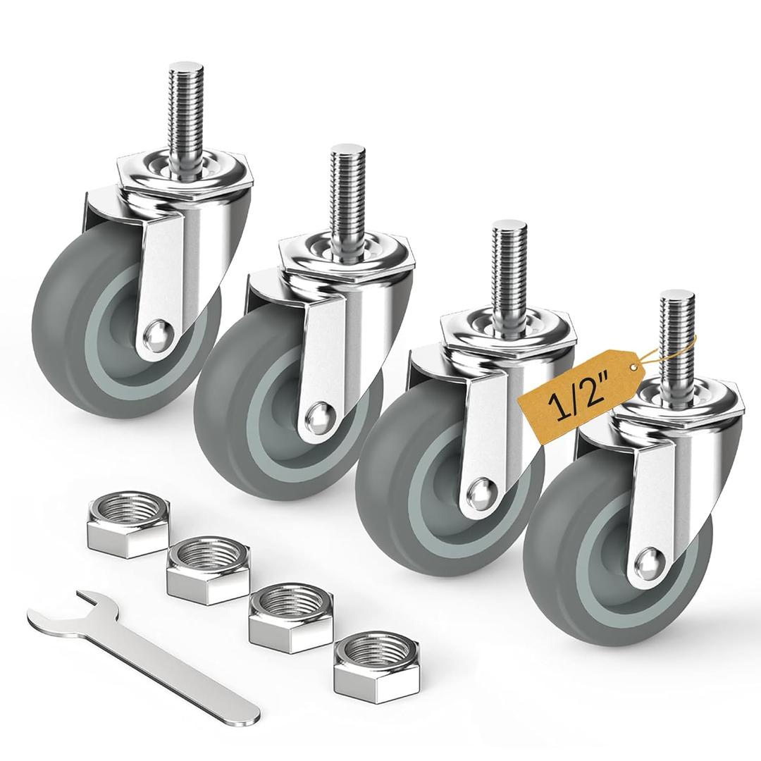 HOLKIE Caster Wheels 3 inch with No Brake Stem Casters, 1/2" -13 x 1-1/2" (Stem Diameter 1/2", Stem Length 1-1/2") Threaded Swivel Casters Set of 4 Heavy Duty Castors Grey