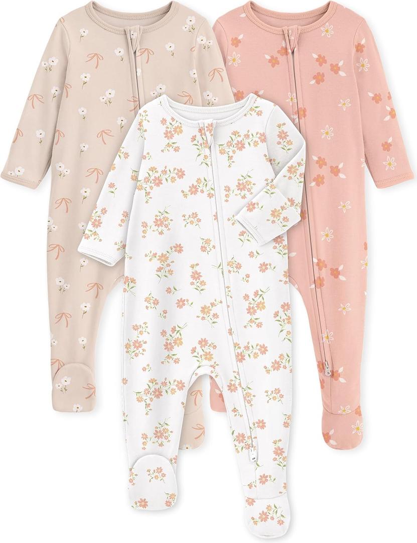 Yoofoss Baby Pajamas 100% Organic Cotton Baby Sleepers for 6-9 Month Boys Girls Clothes, 3-Pack Soft infant Toddler Footed PJs with Mitten Cuffs, Zipper Footies Pajamas