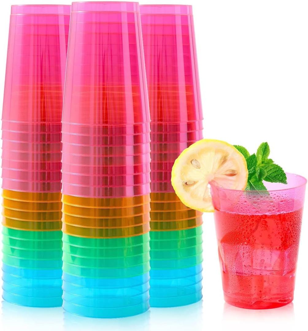 100 Count 10oz Disposable Tumblers Neon Cups for Party, 10oz Disposable Hard Multicolor Plastic Cups, Plastic Margarita Glasses