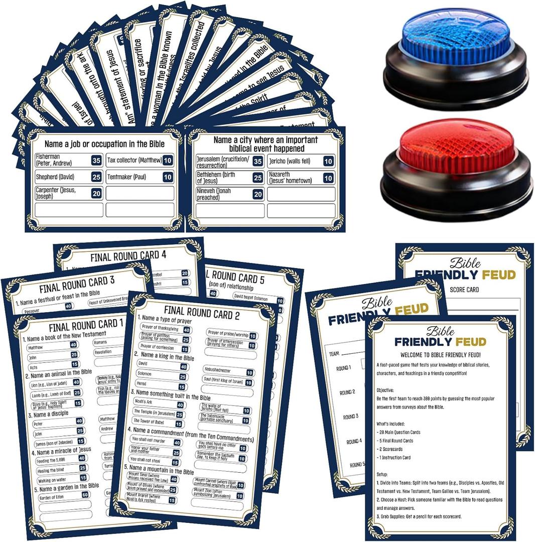 Christian Bible Family Feud Game with 2 Buzzers, Religious Trivia Quiz Card Game for Church Groups, Easter Parties, Team Building and Family Game Night