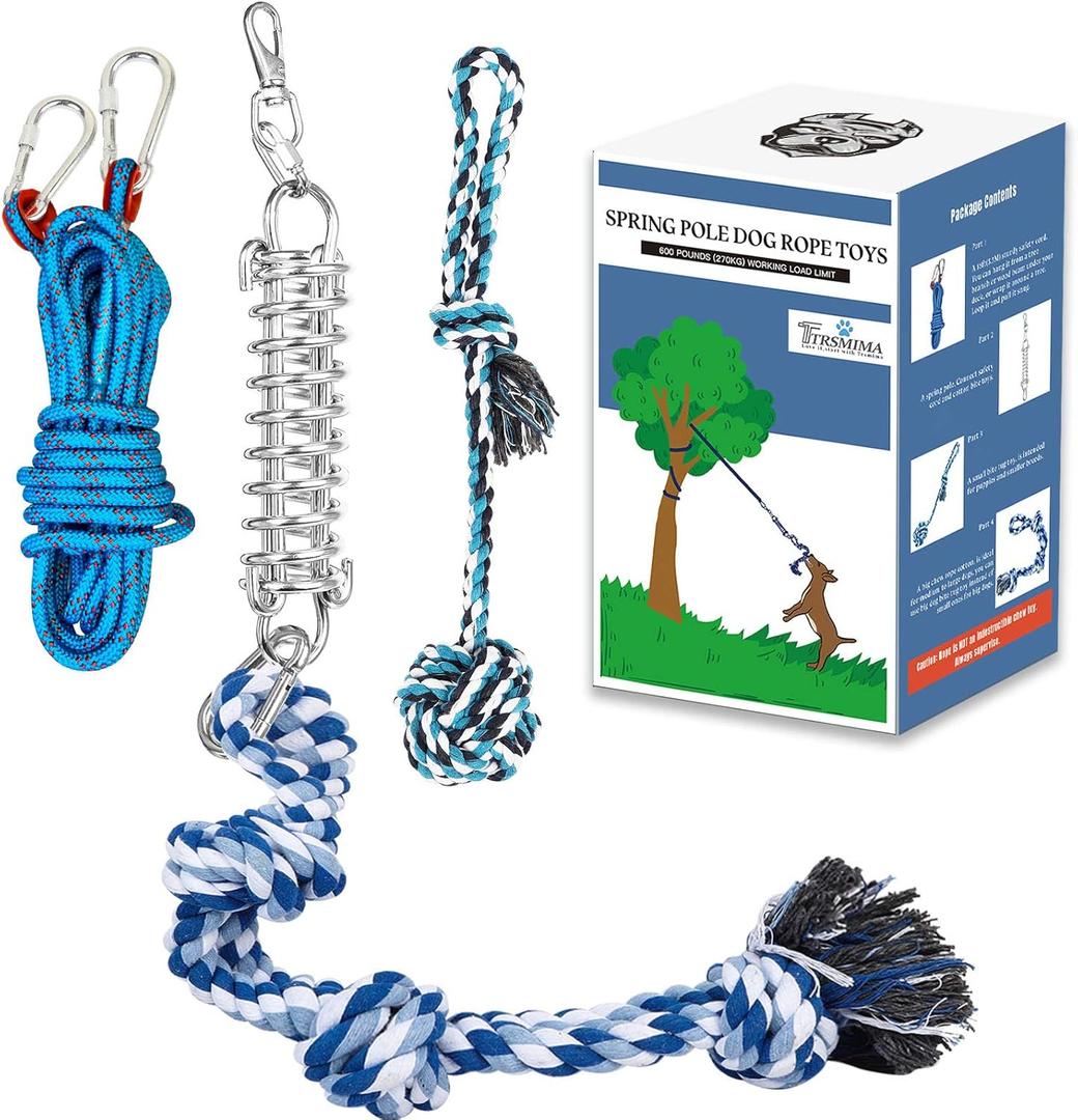 Spring Pole Rope Toys: Rope Pull & Tug of War with a Big Spring Pole Kit & 2 Strong 16ft Toys - Muscle Builder Interactive Toy for Pitbull Medium to Large Dog (Blue)