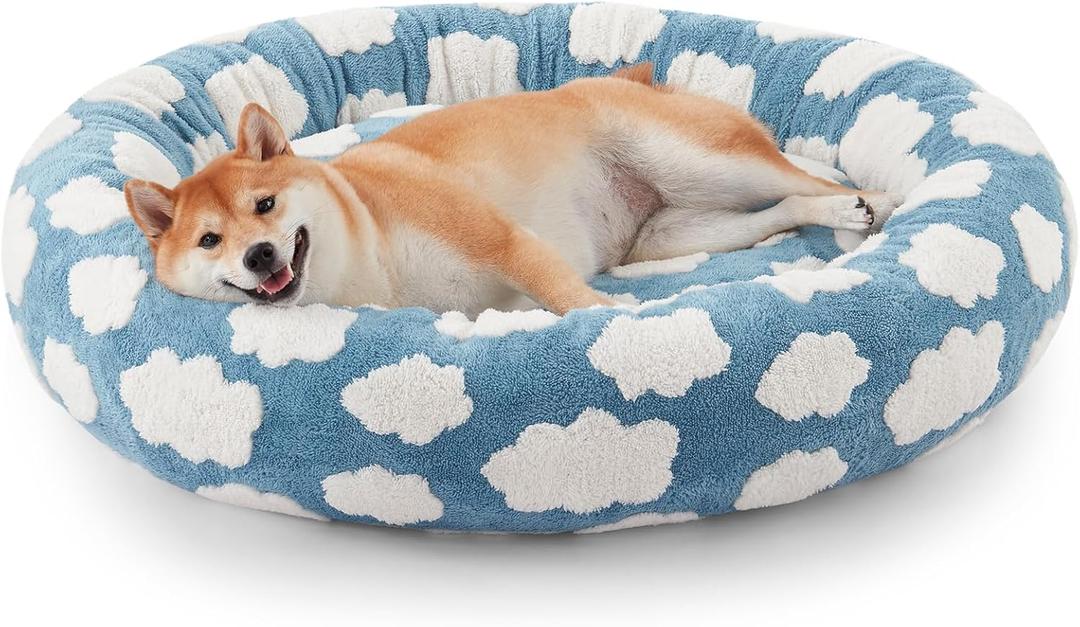 JOEJOY Donut Dog Bed Medium Size Dog, Cute Round Calming Pet Bed with Removable Washable Cover, Orthopedic Puppy Bed with Jacquard Shaggy Plush & Non Skid Bottom (Blue)