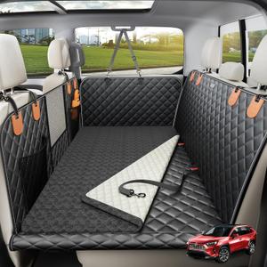 Hard Bottom Dog Car Seat Cover, Back Seat Extender with Washable Mat, Black+Brown, L-Mid-Sedan, Compact SUVs, Small Trucks