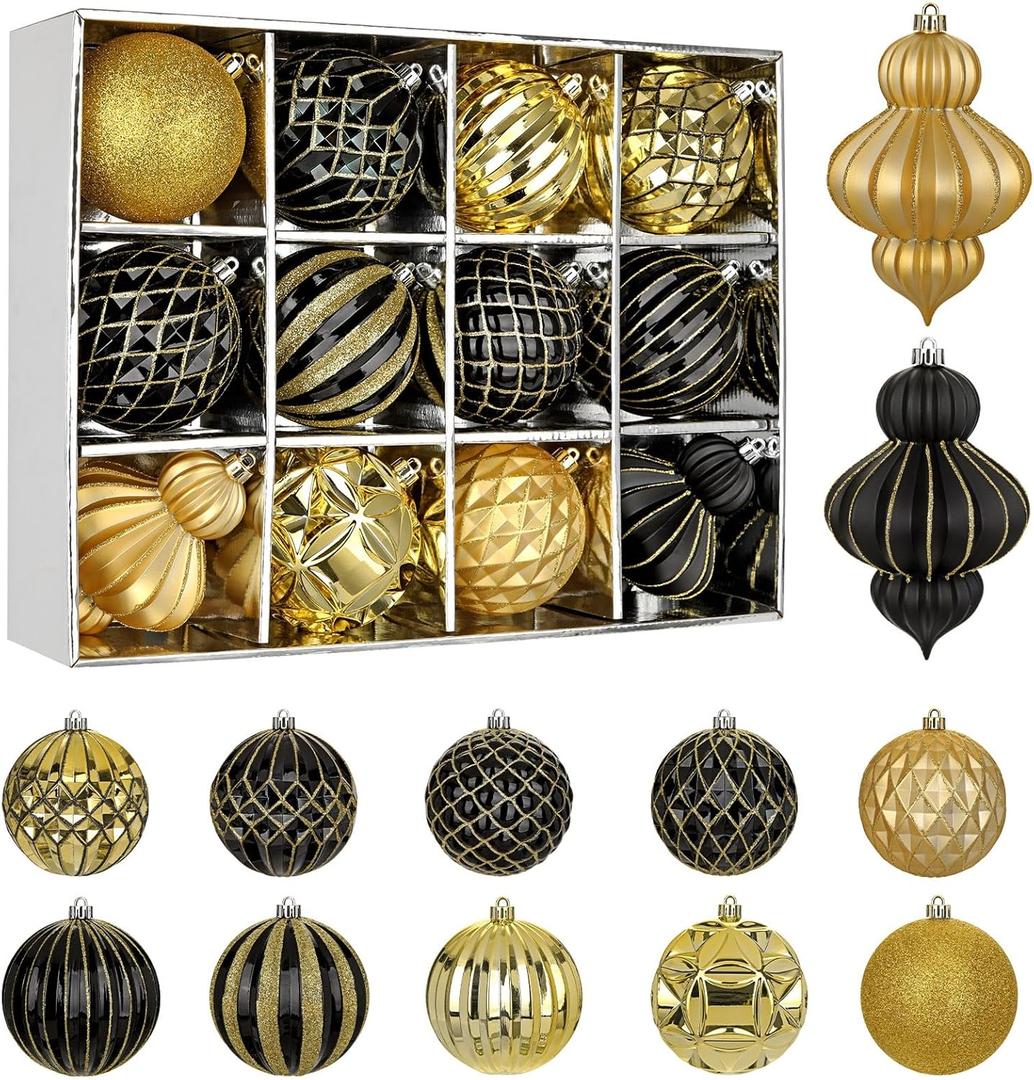 4" Christmas Ball Ornaments Set 12PCS Large Shatterproof Plastic Ornaments Christmas Tree Ball Hanging Ornaments for Xmas Tree Wedding Party Holiday Decorations - Black, Gold