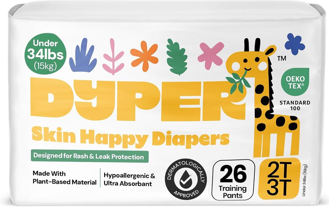 DYPER Toddler Potty Training Pants Girls & Boys, Honest Ingredients, Day & Overnight, Made with Plant-Based* Materials, Hypoallergenic for Sensitive Skin, Unscented (2T-3T (26 Pants))