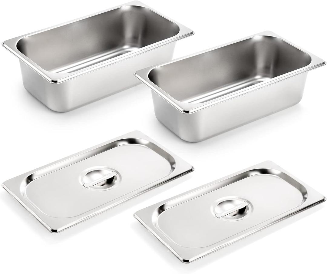 Kingrol 2 Pack 1/3 Size Hotel Pans with Lids, 3-5/8" Depth, 22 Gauge Steam Table Pan, Stainless Steel Counter pan, Food Service Pan for Kitchen Kingrol 2 Pack 1/3 Size Hotel Pans with Lids, 3-5/8" Depth, 22 Gauge Steam Table Pan, Stainless Steel Counter pan, Food Service Pan for Kitchen