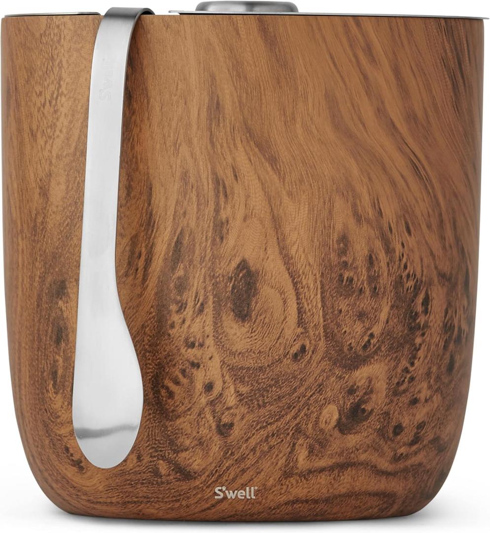 Swell Stainless Steel Ice Bucket with Tongs, 68oz Capacity, Teakwood Finish, Triple-Layer Vacuum Insulated to Keep Ice Colder Longer, BPA-Free Barware