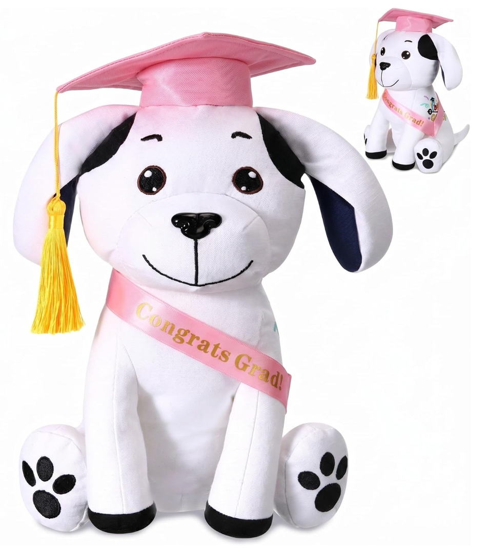 Zomiboo Graduation Dog Autograph Stuffed Animal 2026 Smooth Fabric Stuffed Toy with Congrats Grad Signature Dog Animal with Marking Pen Gold Tassels for Graduate Party Supplies(Pink)(12 inches)