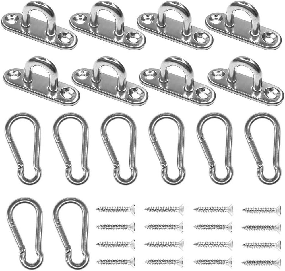 Stainless Steel 1.8 inch Pad Eye Plate U Hooks + Stainless Steel Snap Hook,Marine Hardware Staple Hook Loop with Screws, 8 Pack