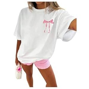 RoseSeek Women's Cherry Graphic Tees Top Crewneck Short Sleeve Baggy T Shirt Bowknot White Medium