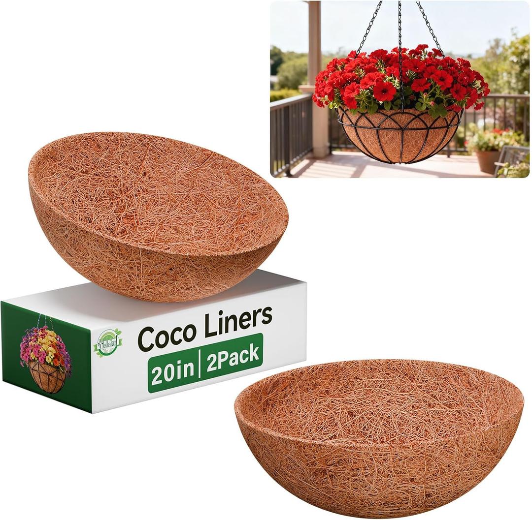 Halatool 2 Pack 20 Inch Coconut Liners for Planters 100% Natural Hanging Basket Liners Round Coco Coir Liner for Balcony Garden Patio Porch Home Decor