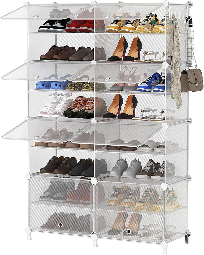 AWTATOS Shoe Rack, 8 Tier Shoe Storage Cabinet with Door, 32 Pair Shoe Organizer Shelves for Closet Hallway Bedroom Entryway, Transparent Twill