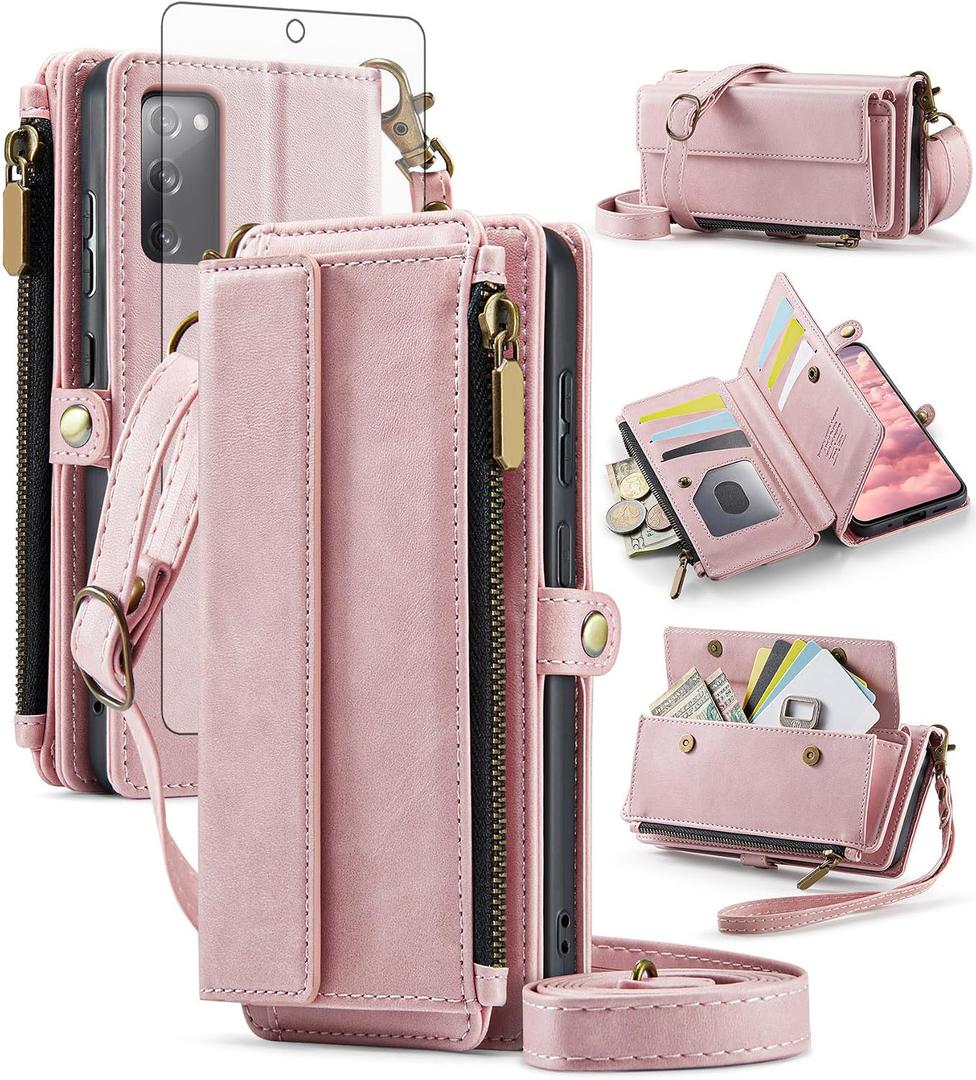 Phone Case for Samsung Galaxy S20 FE 5G 6.5 inch Zipper Wallet Cover with Screen Protector and Crossbody Lanyard Strap Flip S 20 EF UW 2022 S20FE5G S20FE 20S S2O Fan Edition 4G G5 Women Men Rose Gold