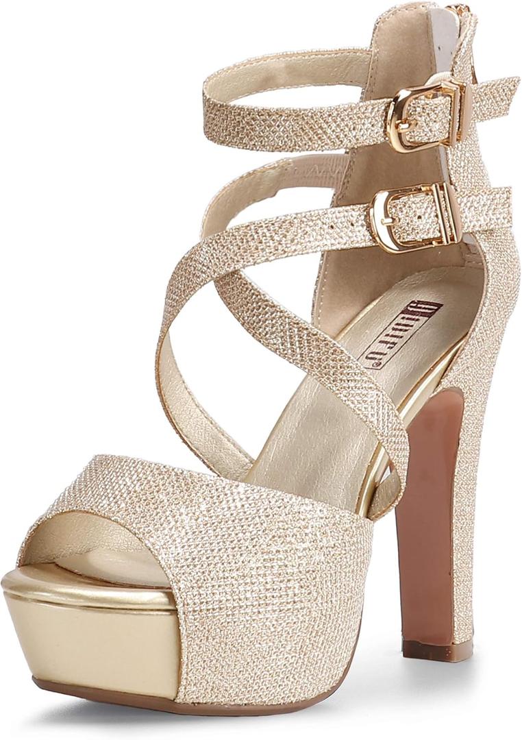 IDIFU Women's IN5 Charcy Crisscross Strappy Platform High Chunky Heels Peep Toe Pump Party Heeled Sandals (Gold, 10 M US)