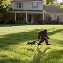 Bigfoot Garden Stake Laser Cut Metal Sasquatch Statue Walking Dachshund Dog on Leash Funny Yard Decor, Outdoor Metal Yard Art Silhouette, Sign for Garden & Lawn