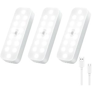 Under Cabinet Lighting Motion Sensor - 3 Pack Rechargeable Closet Lights Indoor Battery Operated, Stick-on Magnet LED Nightlight for Bedroom, Wireless Cabinet Lights, Motion Sensor Step Night Light