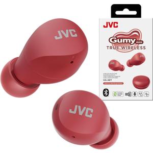 JVC Compact and Lightweight Gumy Mini True Wireless Earbuds Headphones, Long Battery Life (up to 23 Hours), Sound with Neodymium Magnet Driver, Water Resistance (IPX4) - HAA6TR (Red)