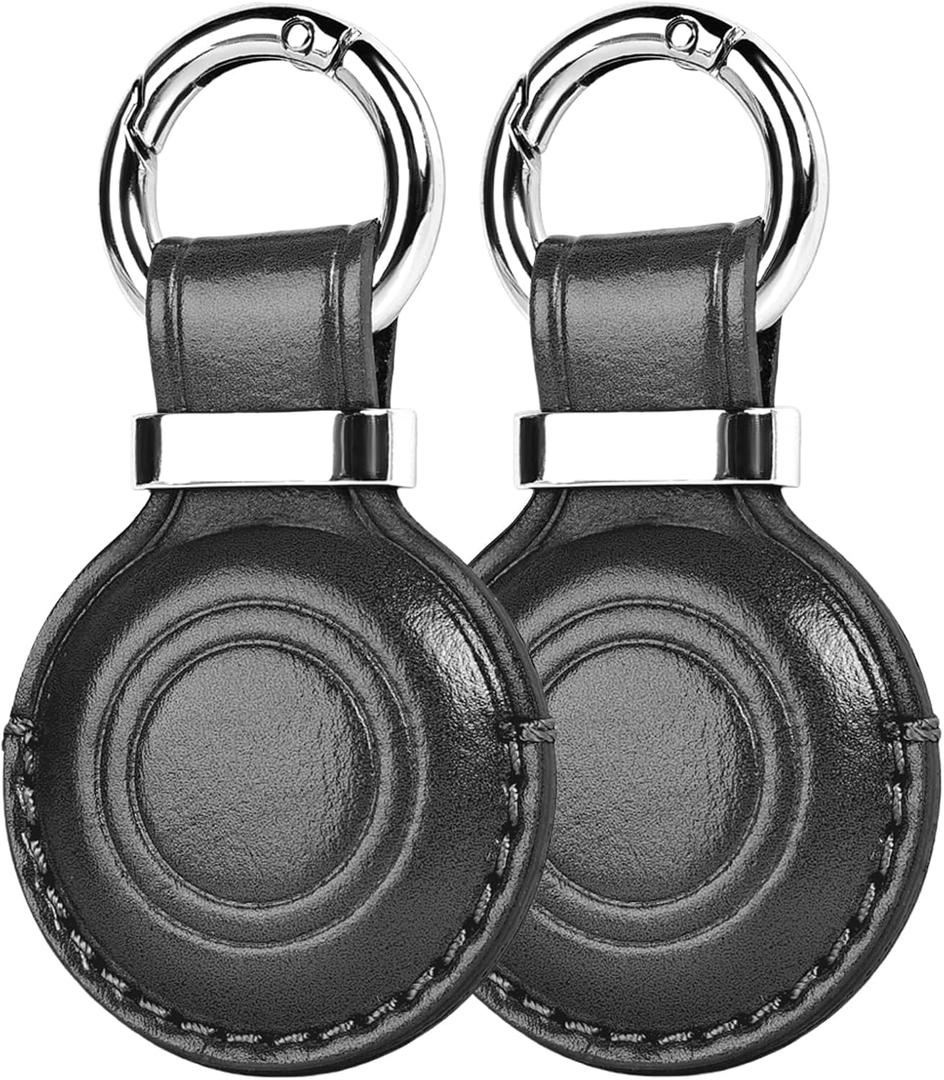 MOLOVA 2 Pack Leather for Airtag Holder Keychain, Compact Design with Air tag Case, Secure for Apple for Airtags Cover with Stainless Steel Ring Car Keys Ring Chain Fob Accessories(Black)