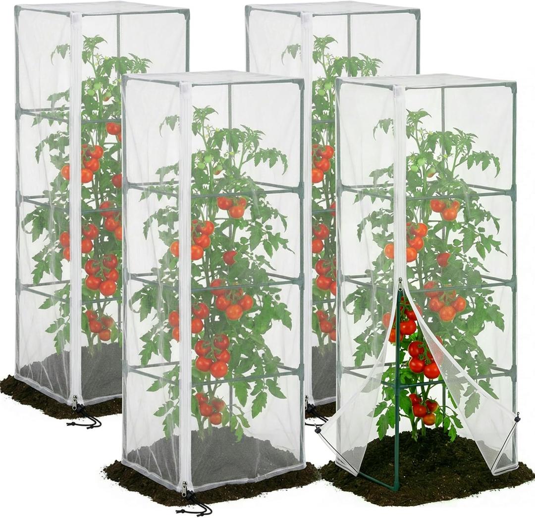 4 Pcs Garden Bird Netting for Square Plant Cage, 59" x 18" x 18" Tomato Cage Garden Net Cover with Zipper, Tomato Trellis Insect Bird Barrier Protection Mesh for Vertical Climbing Plants Vegetables