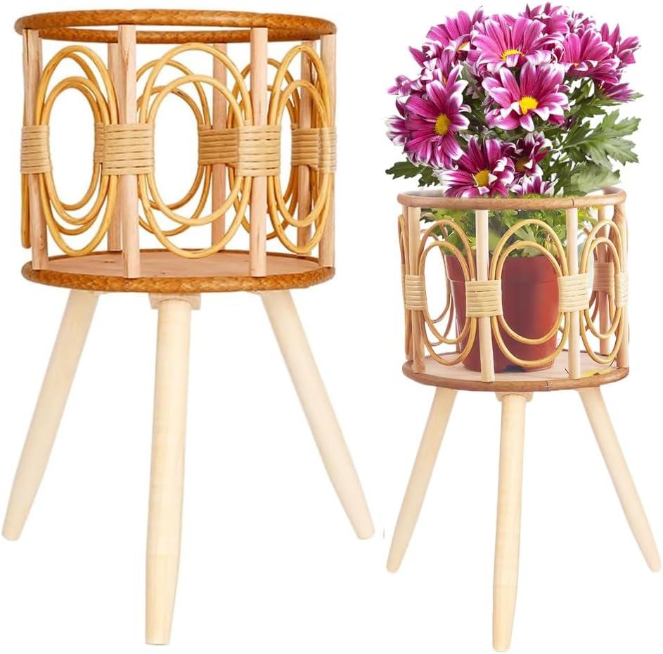 Boho Rattan Plant Stand Indoor Outdoor - 2 Rattan Wicker Planter Shelf for Multiple Plants, Mid Century Modern Wooden Flower Pot Holder with Stand, Farmhouse Home Decor for Living Room (Double round style (2-piece set))