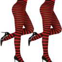 MANZI Striped Tights for Women Footed Stretchy Opaque Pantyhose for Halloween Xmas 2 Pairs, Size One Size
