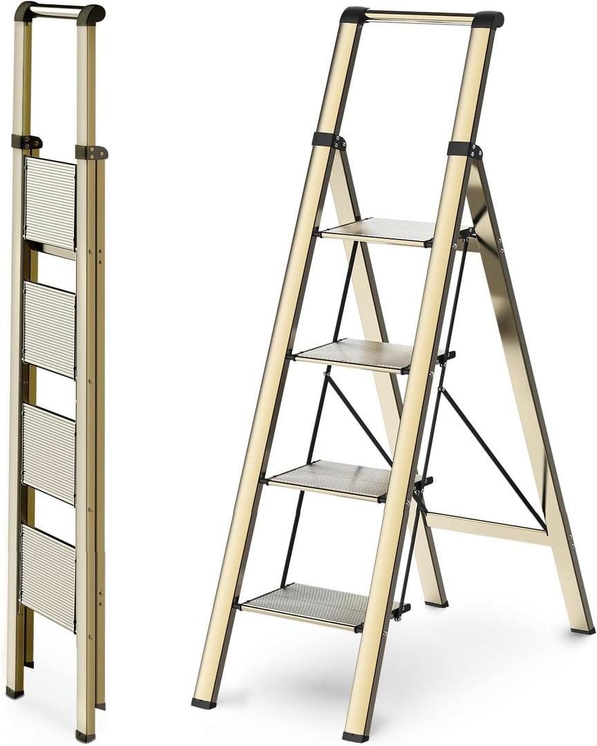 WOA WOA 4 Step Ladder, Ladders for Home, Anti-Slip Pedals, Aluminum Step Stool Foldable, Lightweight to Move, Ease of Storage, Reach 9ft for Closet Kitchen Library, Hold 300lbs - Gold