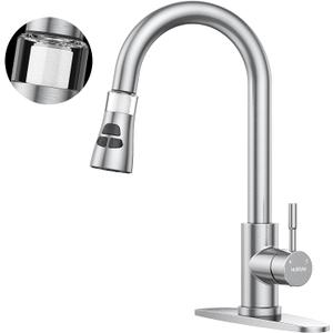 Kitchen Faucet With Pull Down Sprayer, Hurran Brushed Nickel Water Filter Faucets, High Arc Single Handle Kitchen Sink Faucet 1 or 3 Hole, Utility Sink Faucets With Deck Plate For Farmhouse Rv Wet Bar