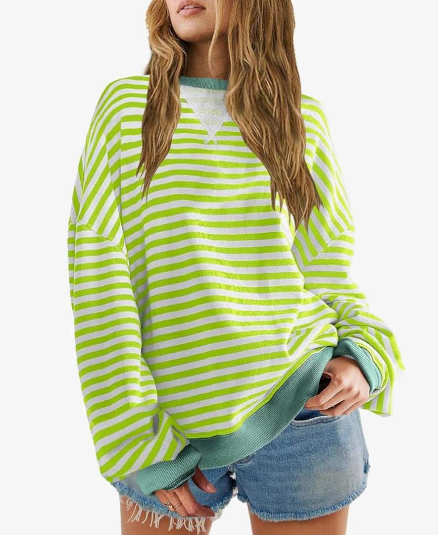 SENSERISE Womens Oversized Classic Striped Crewneck Sweatshirts Long Sleeve Color Block Shirts Casual Tops Size L