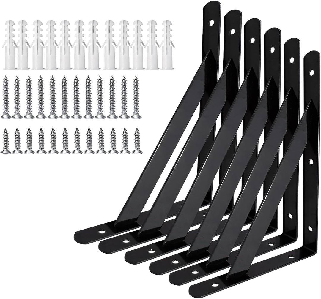 Heavy Duty Shelf Brackets Wall Mount Steel Bracket Wall Brackets for Shelves (Black, 10 x 6 Inch-3 Pairs)