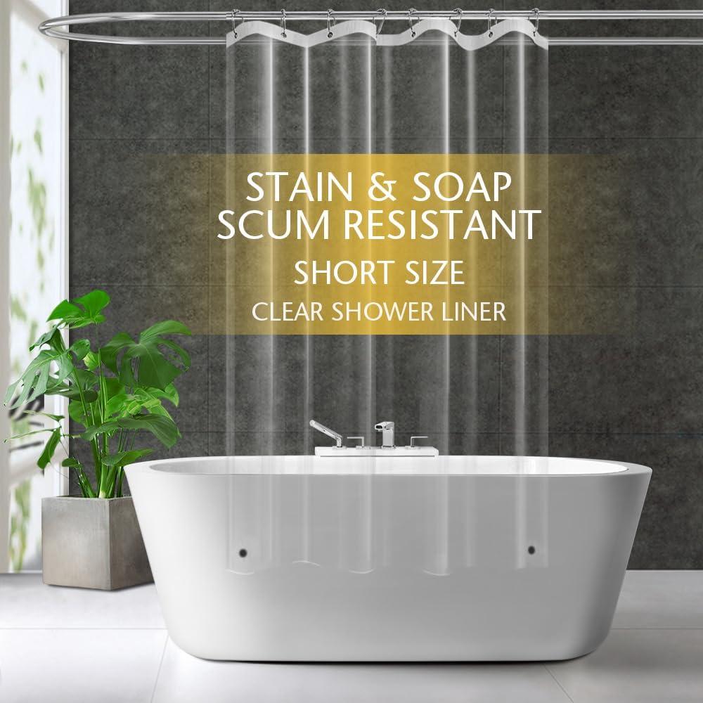 Short Size PEVA Plastic Shower Curtain Liner Premium Light Weight 47" x 64" Clear Bathroom Shower Showroom Curtain Liner with Rustproof Metal Gromments and Weighted Magnet