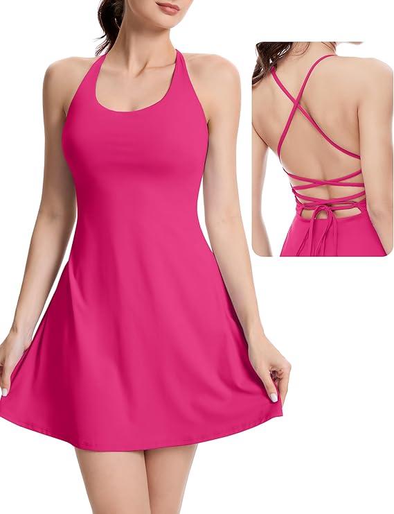 Womens Open Back Tennis Dress Sleeveless Built in Shorts Golf Athletic Dress Halter A Line Workout Summer Outfits, Size 9Y