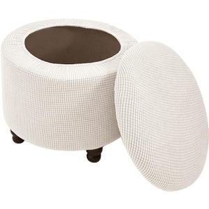 Round Ottoman Cover with Storage 2-Piece Stretch Stool Slipcover Soft Footstool Protector Covers Removable Washable Storage Stool with Cover Lid Folding Stool Covers for Home Decor (New White)
