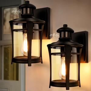 2-Pack Motion Sensor Outdoor Lights, Dusk to Dawn Porch Lights, 3 Modes Exterior Wall Light Fixture, Waterproof Aluminum Anti-Rust Lantern for House Outside Entryway, Motion Activated (Black)