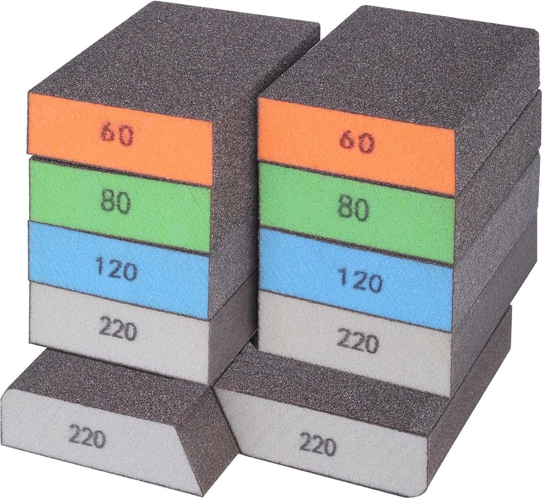 BOSHCRFAT 10 Pack Sanding Block, Washable and Reusable Sanding Sponge for Wood Drywall Metal Glasses Coarse/Medium/Fine/Superfine in 60/80/100/120/180/220 Grit Sandpaper Block Sand Paper Brick