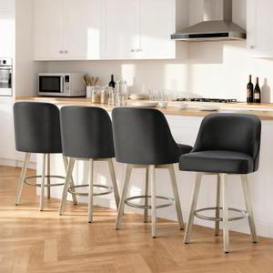Counter Height Bar Stools Set of 4, Modern Swivel Barstools with Back and Wood Legs, Faux Leather Upholstered Bar Chairs, 26" Seat Height Counter Stools for Kitchen Island,Black